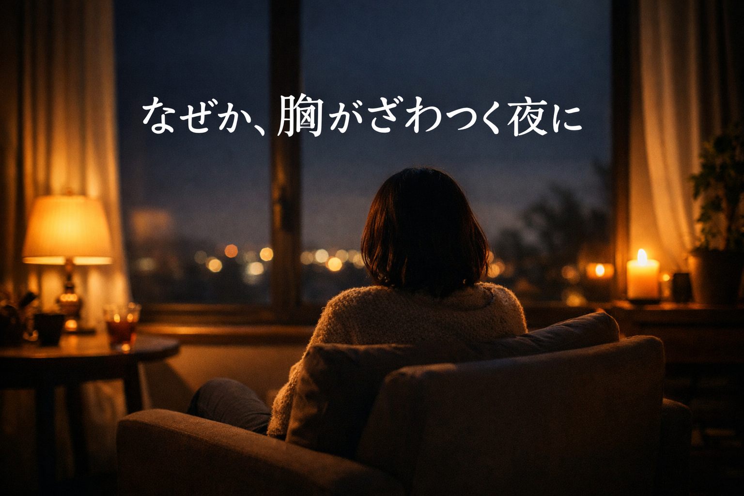 夜の部屋で一人静かに窓の外を見る人物。「なぜか、胸がざわつく夜に」というメッセージ。年末年始の孤独と動悸を象徴するイメージ