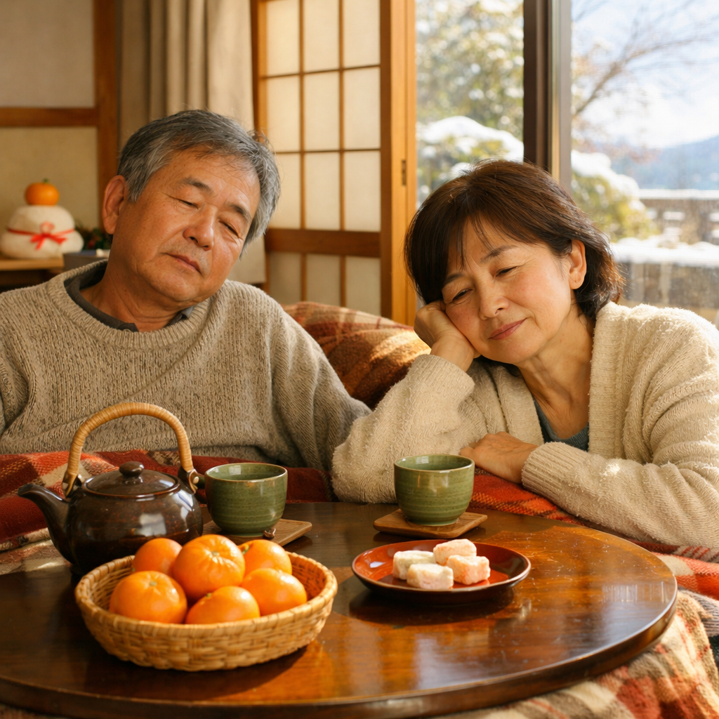 こたつでくつろぐ夫婦と冬の景色