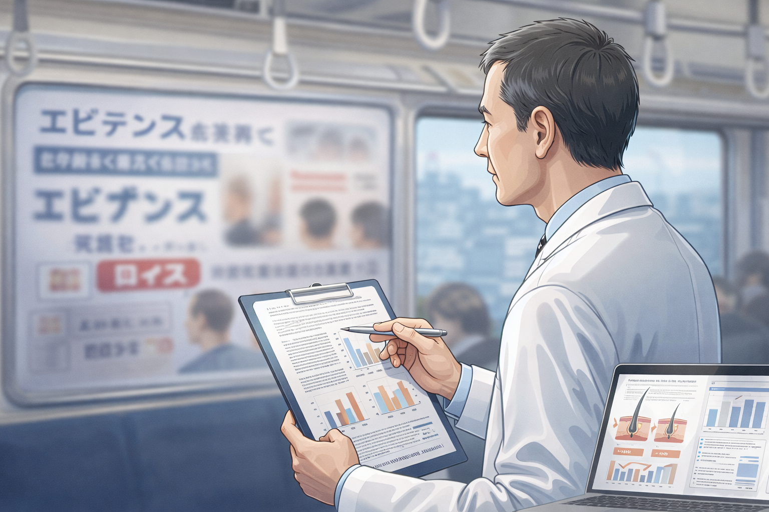 電車内のAGA広告を見て不安になるイメージ(戸塚クリニック院長ブログ)