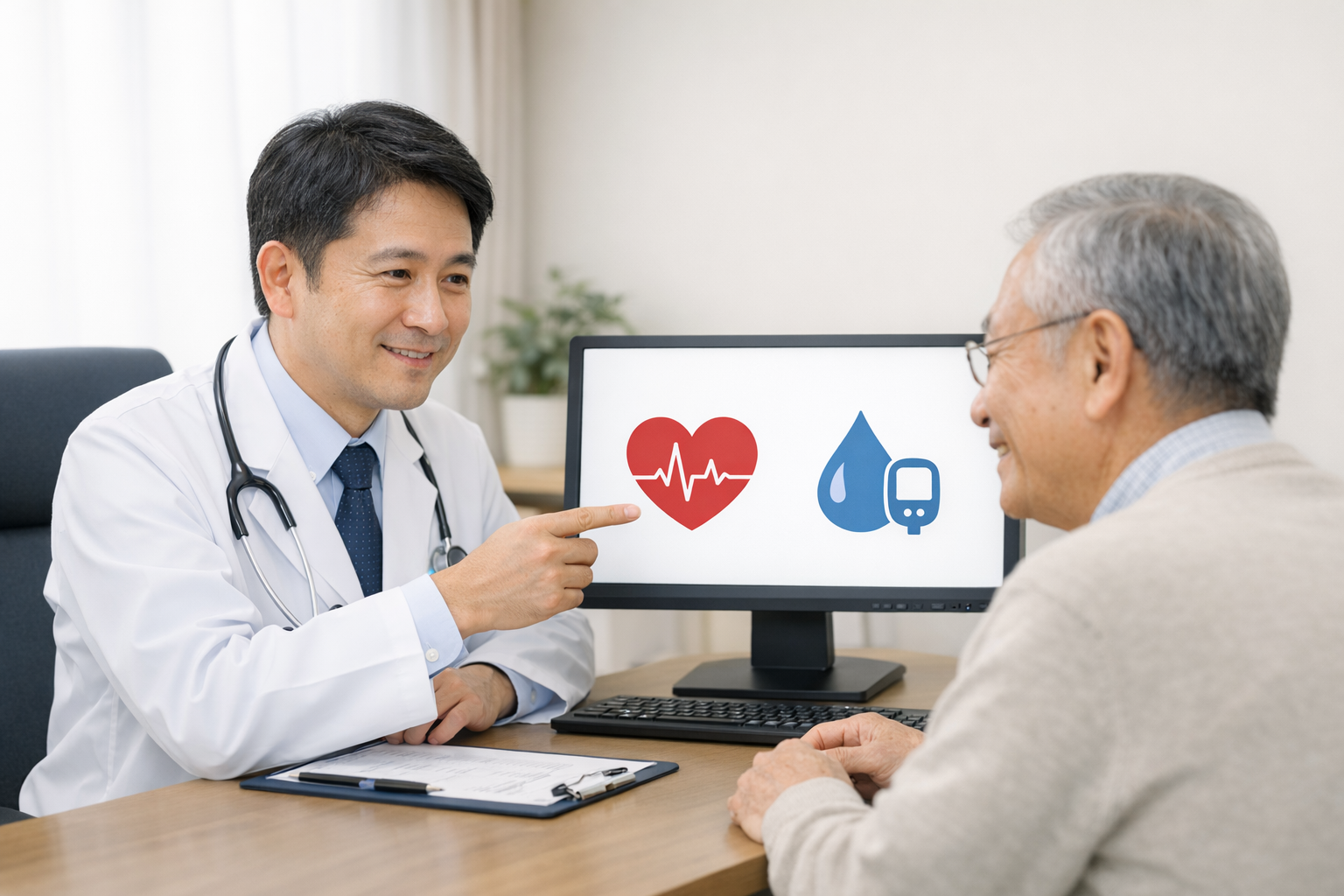 診察室で医師が患者さんに心臓と血糖の関係について優しく説明している様子