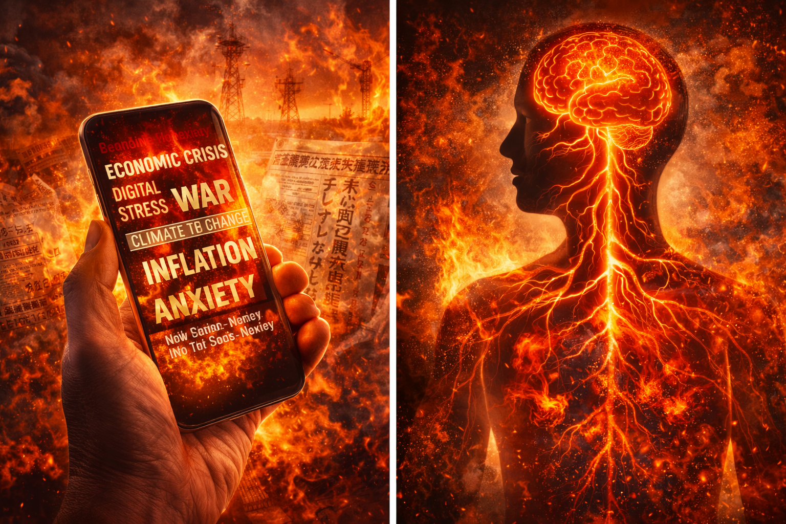 情報過多と不安が交感神経を刺激し、心身に負荷がかかるイメージ