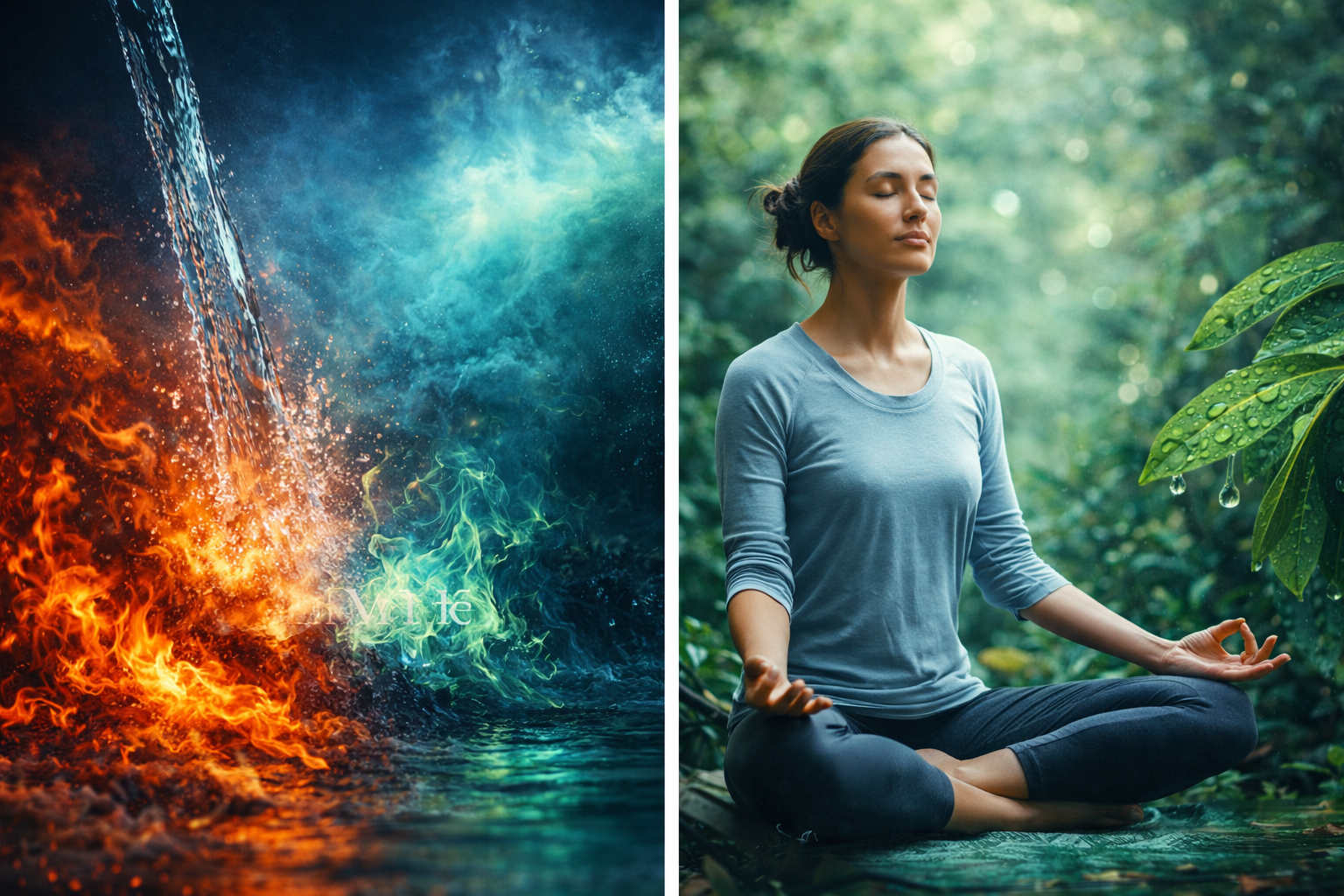炎が水で静かに鎮まり、心身が整っていくイメージ