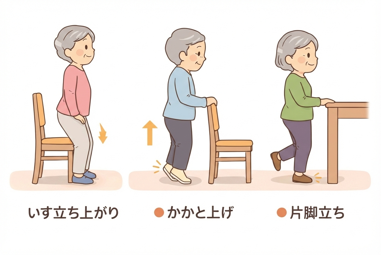 高齢者向け自宅運動イラスト|椅子立ち上がり・かかと上げ・片脚立ち(貯筋の基本)