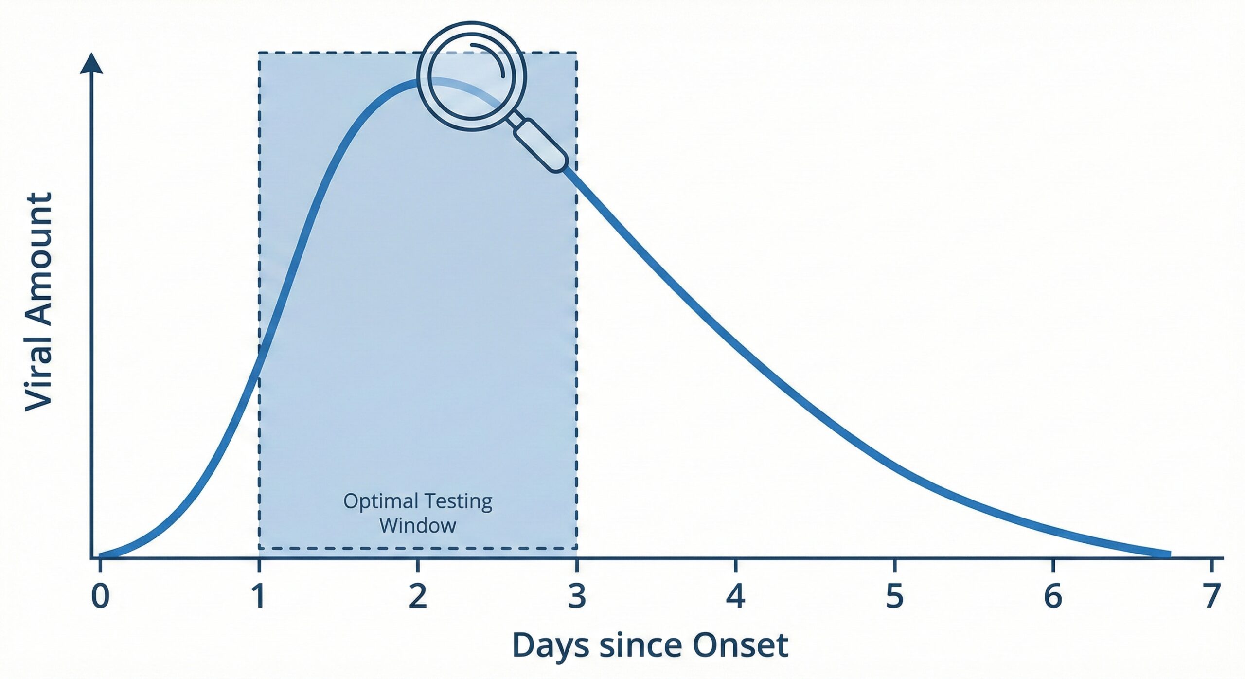 インフルエンザウイルス量の推移と検査推奨期間（発症後48-72時間）のグラフ