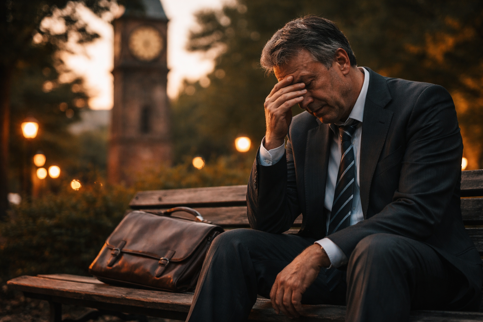 公園のベンチで疲れ果てている中高年男性の様子 - LOHの疲労感