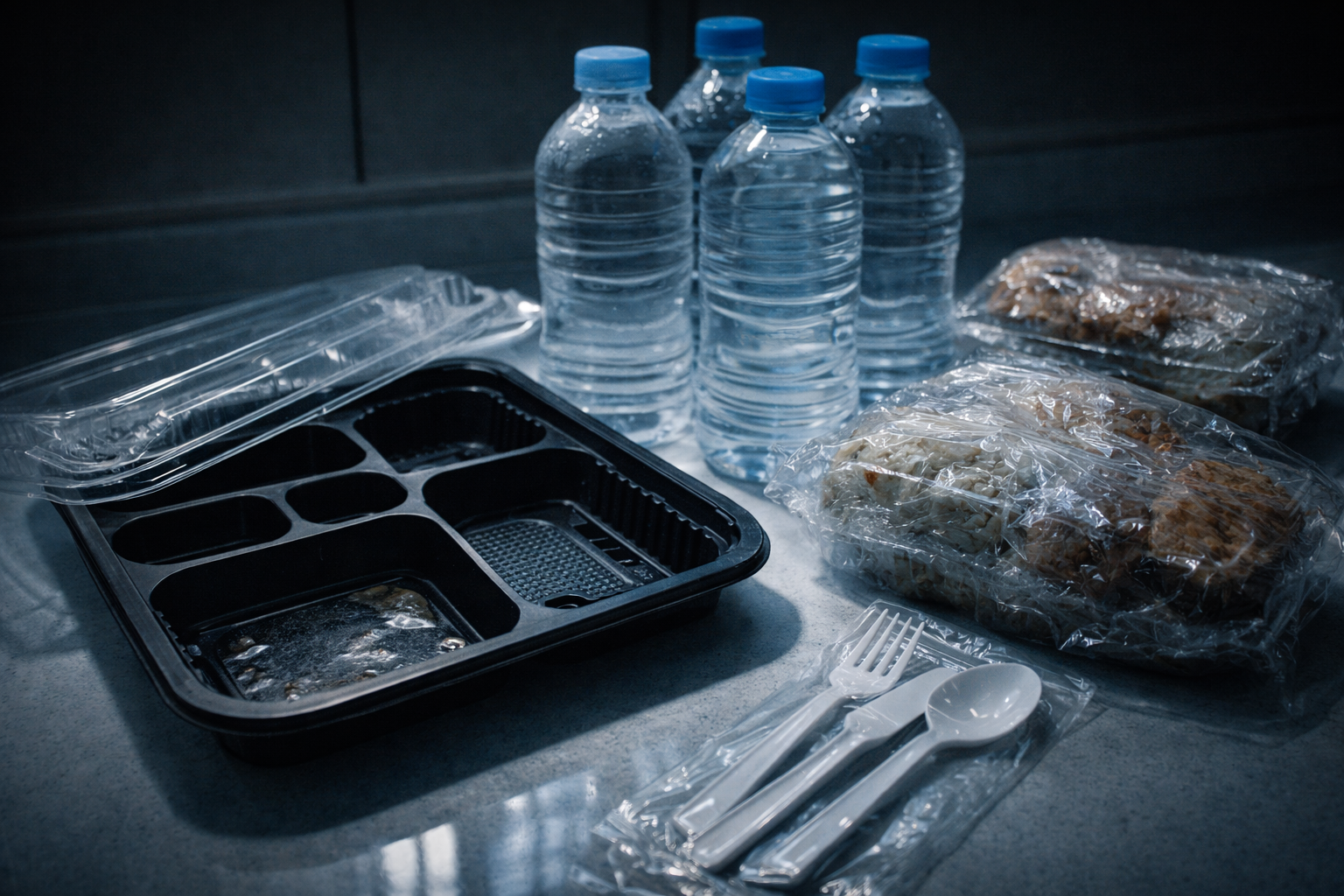 キッチンにあるプラスチック容器やコンビニ弁当の空き箱 - 環境ホルモンイメージ