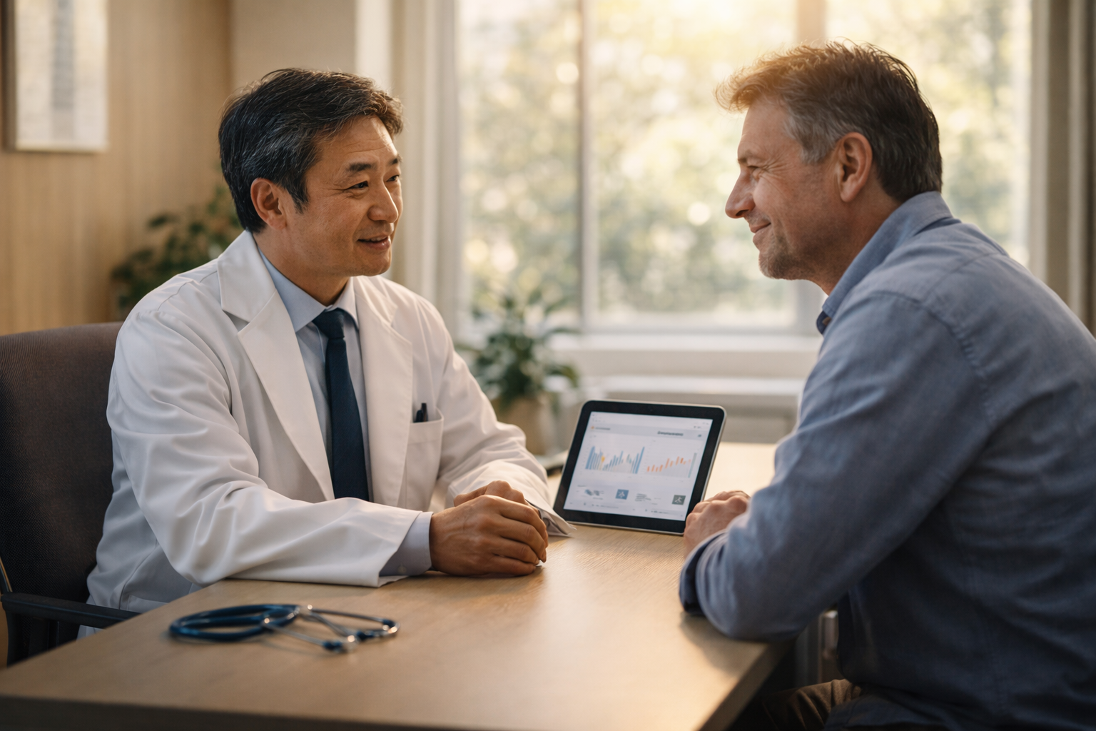 クリニックの診察室で医師と笑顔で話す男性患者 - 相談イメージ