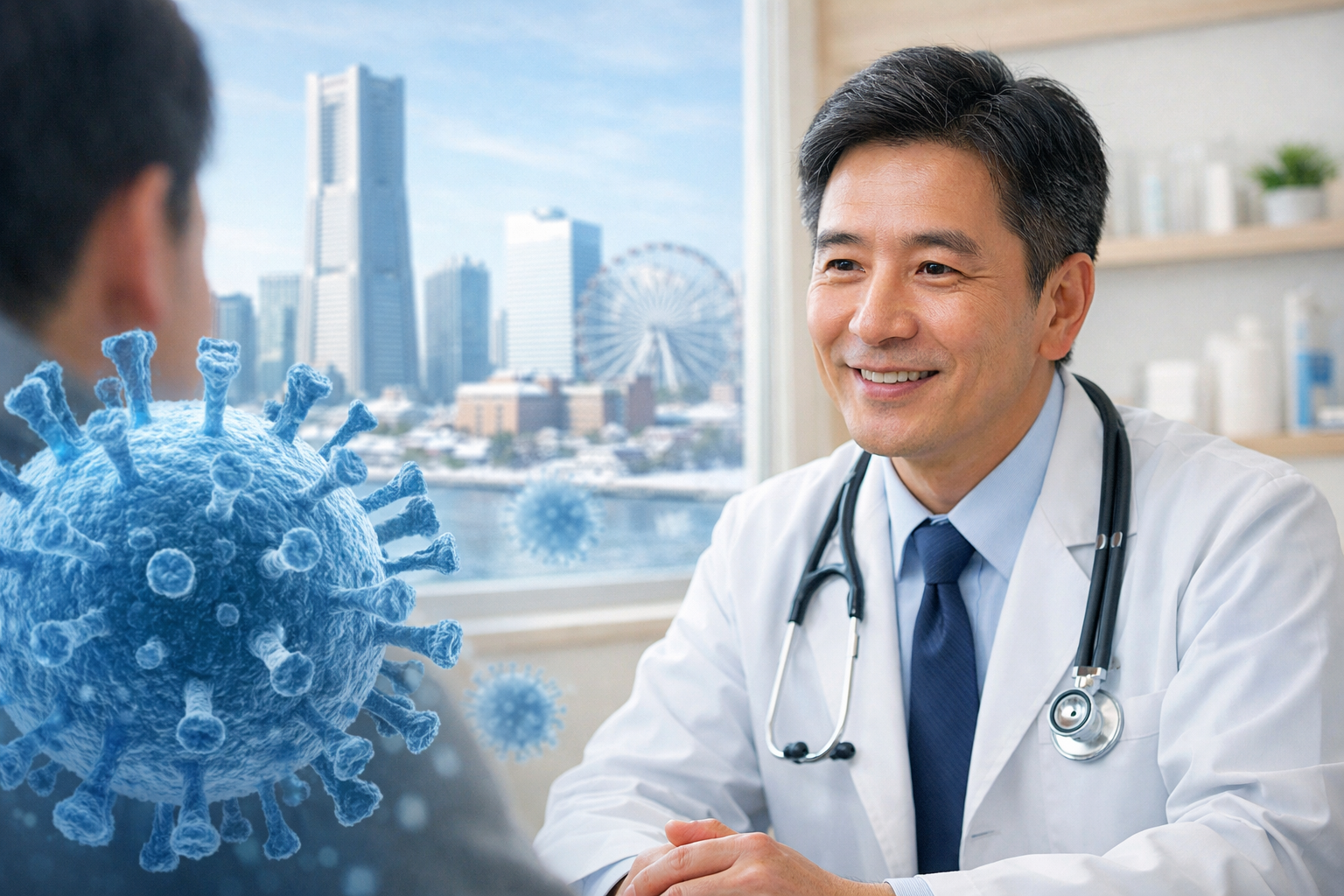 横浜のクリニック待合室とインフルエンザB型流行のイメージ