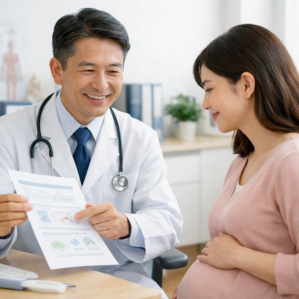 医師が妊婦に薬の安全性について説明している様子