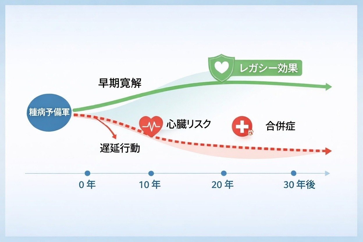 レガシー効果（メタボリックメモリー）概念図｜前糖尿病の寛解が将来リスクに関係し得る