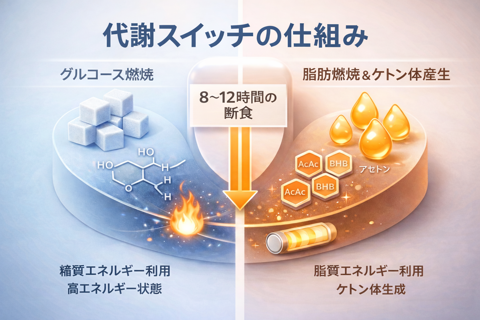 断食によるエネルギー利用の変化（代謝スイッチ）を示す図