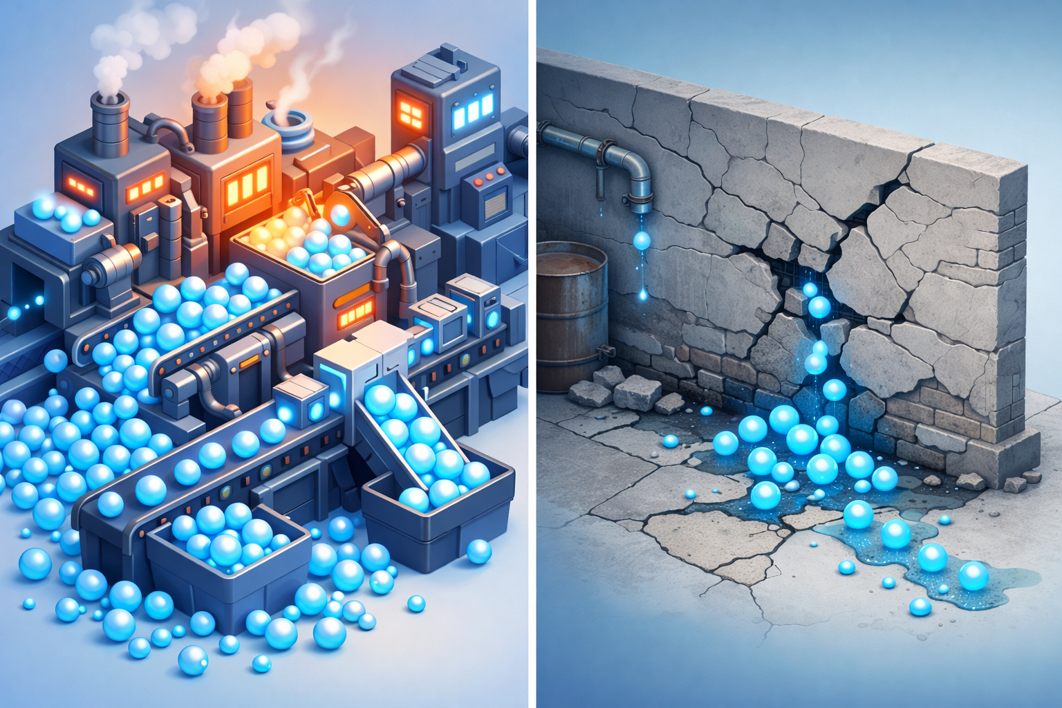 バセドウ病（合成亢進）と橋本病（慢性炎症・機能低下）の機序イメージ図