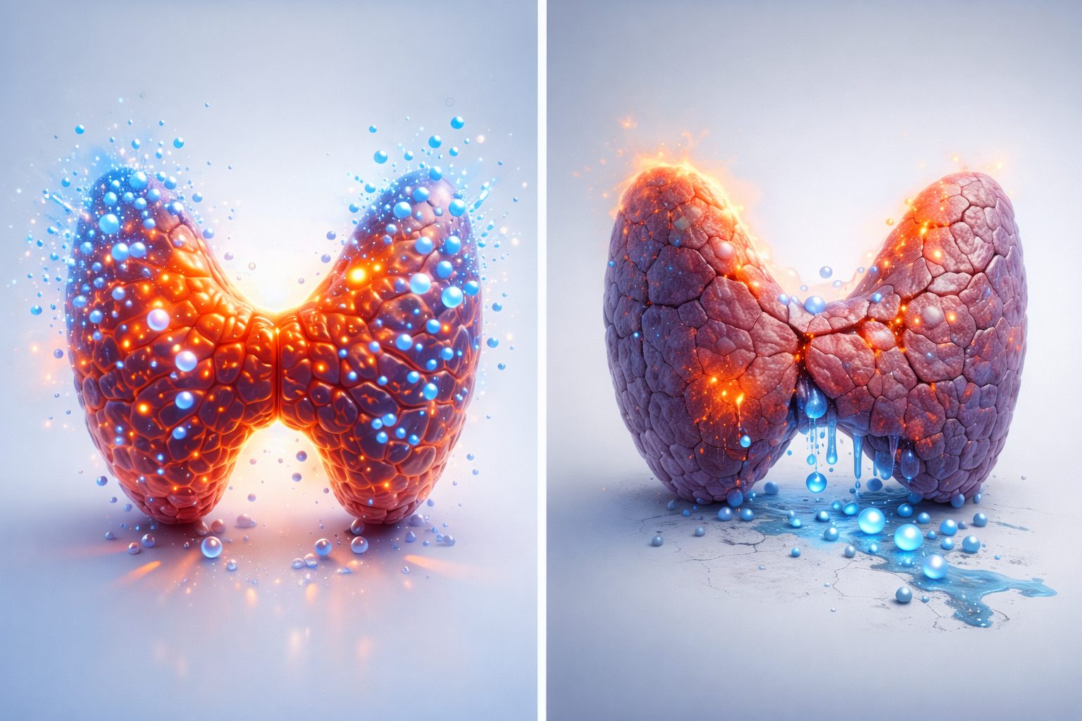 バセドウ病のホルモン合成亢進と、甲状腺炎での漏出（破壊性）による甲状腺中毒症の比較図